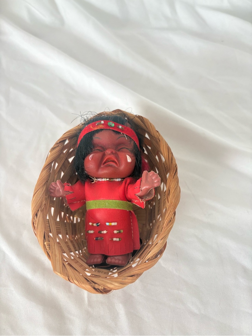 Vintage 60s moody cuties Native American baby doll toy accent decor with basket